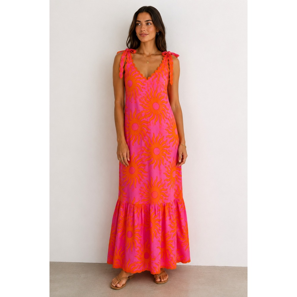 J Marie Maxi Tiered Kiera Dress Pink Orange Suns Ric Rack Shoulder Tie Size XS